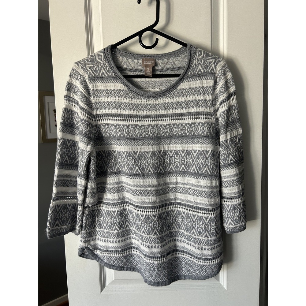 Chicos Crochet Sweater Womens Gray/White Stripe Cotton Size 2